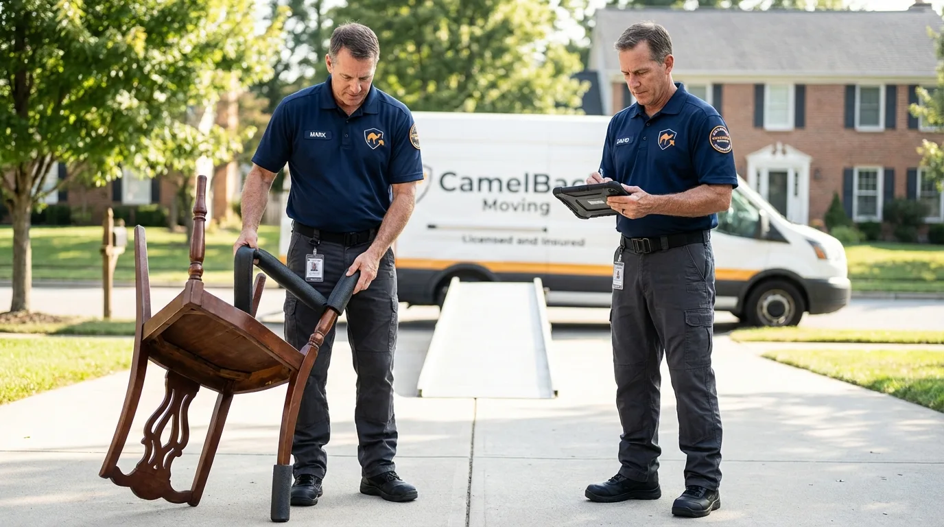 Movers inspecting furniture for damage prevention before loading in Kilmarnock, VA