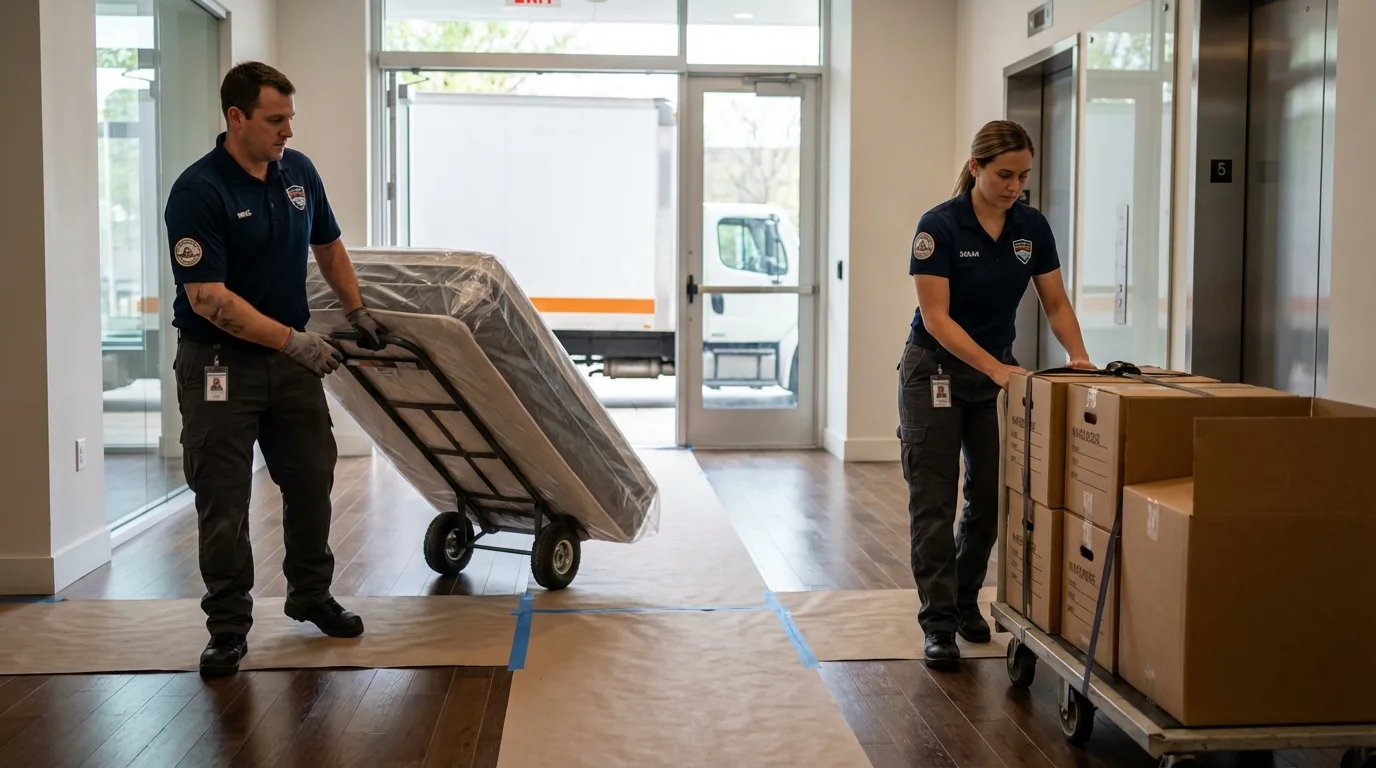 Professional apartment movers loading elevator in Kilmarnock, VA